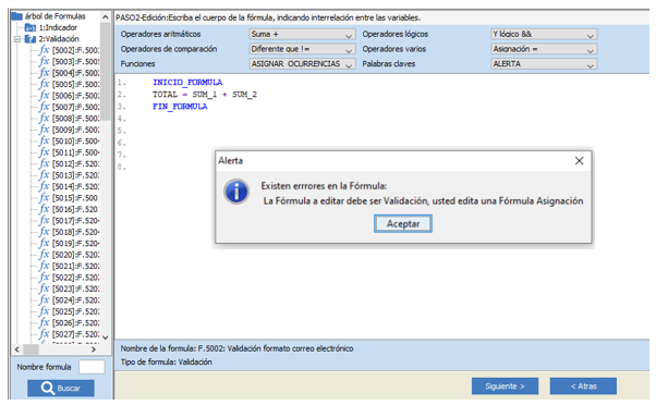Error en estructura para fórmulas de validación