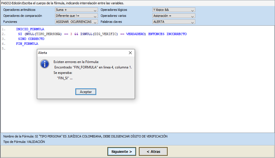 Error controlado para sintaxis en condiciones - Lenguaje STORM